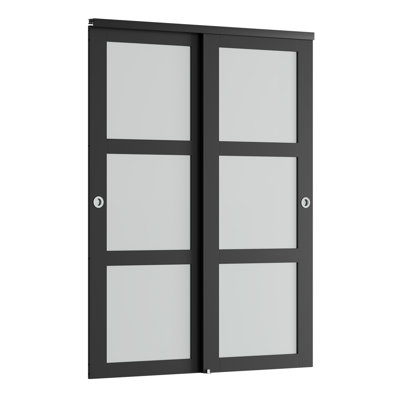 60" x 80" Frosted Glass Sliding Closet Doors with Solid Manufactured Wood Frame and Installation Hardware Kit