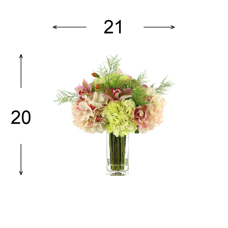 Faux Orchid and Hydrangea Arrangement in Glass Vase