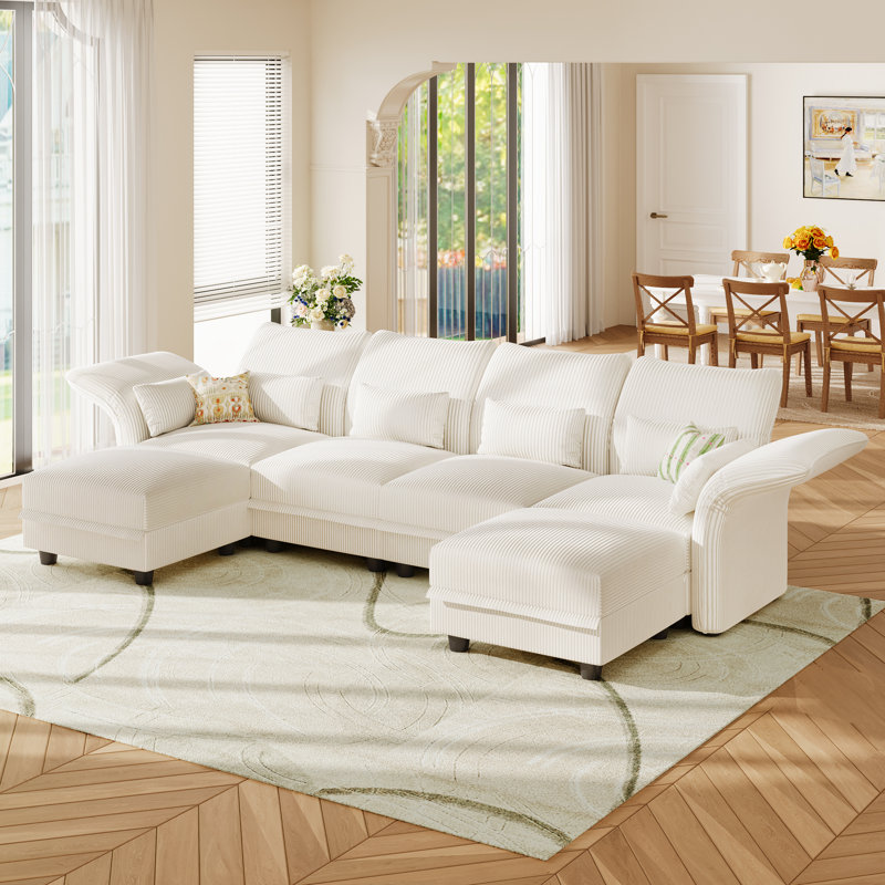 U-Shaped Upholstered Modular Sectional Sofa With Storage, 6 Seat  Corduroy  Couche With Adjustable Arms Backs,Plush Supportive Cushions, Beige