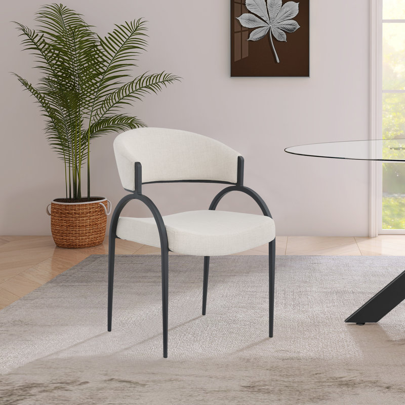 17.72'' H Upholstered Metal Armchair, Matte Black, Beige Linen Textured Fabric