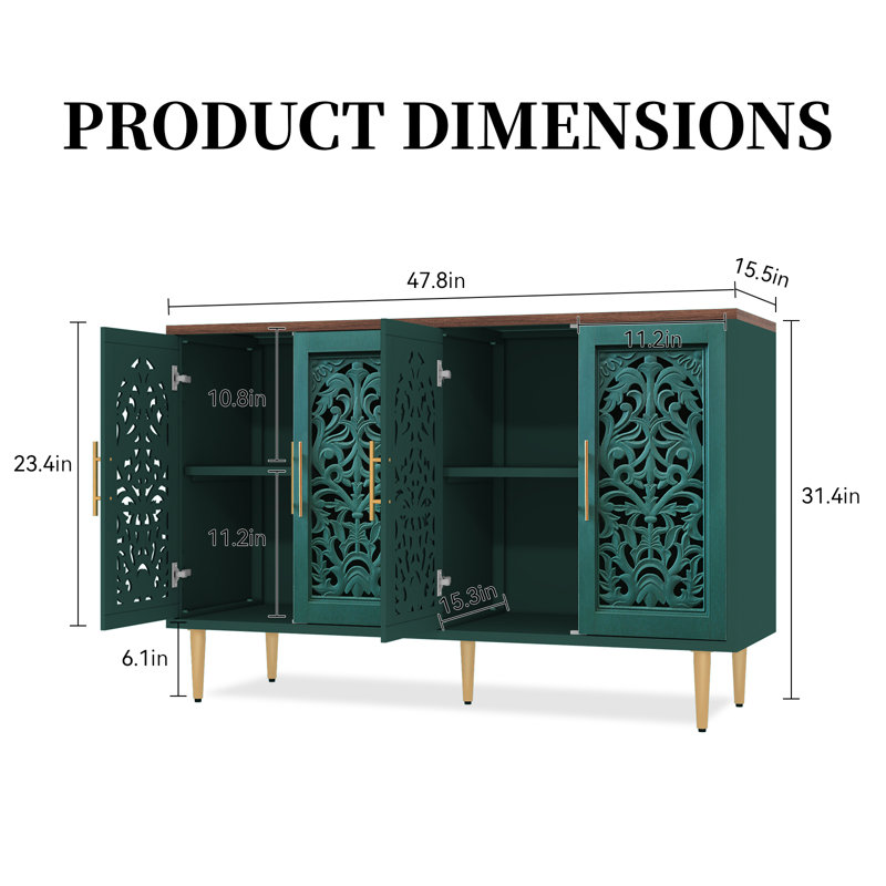 48" Sideboard Buffet Cabinet Hollow-Carved Doors, Modern Storage Credenza with 4 Doors, Accent Cabinet for Living Room, Dining Room, Kitchen