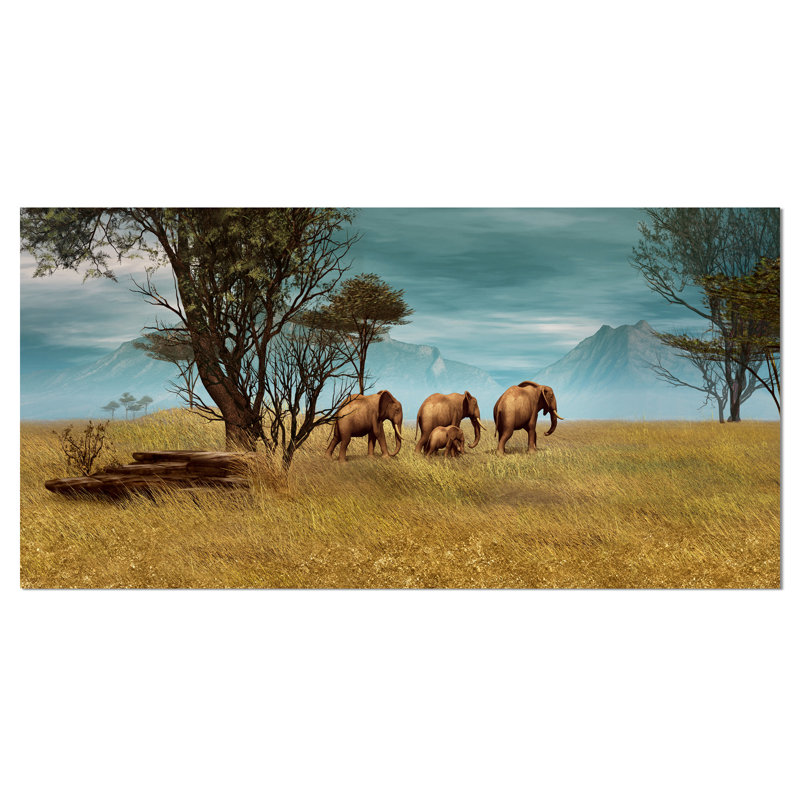 «African Elephants Panorama», photographie, H 28 x l 60 po x P 1 po, Toile tendue