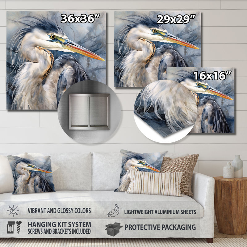 Heron Waterbird II - reproduction d'animaux sur métal, H 16 po x l 16 po x P 1 po