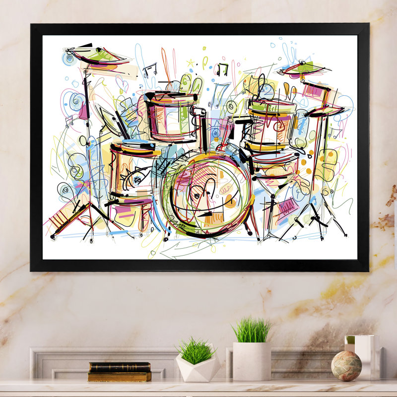 " Music Drum Set Abstract Design ", 24" H x 36" W x 1" D, Black Picture Framed