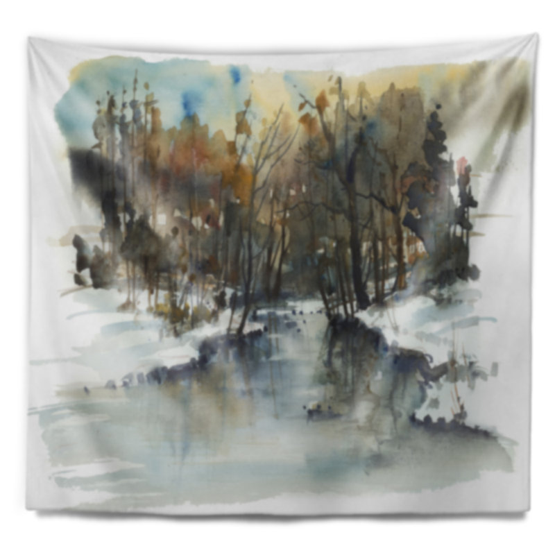 Tapisserie aquarelle Schafer Landscape River in Woods, H 32 po x l 39 po