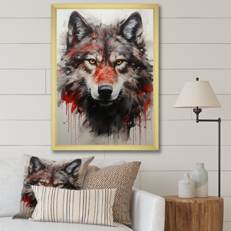 " Crimson Wolf Bold II ", Gold Picture Framed, 32" H x 24" W x 1" D
