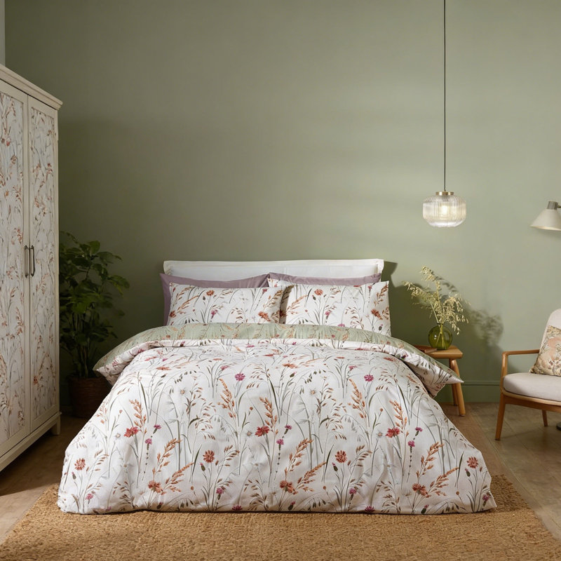 Floral Duvet Cover Set, Super King Duvet Cover + 2 Pillowcases, Green Floral