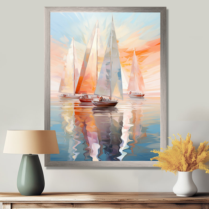 Minimalisme, voilier, rythme, art mural, Cadre simple argenté, H 32 po x l 16 po x P 1 po