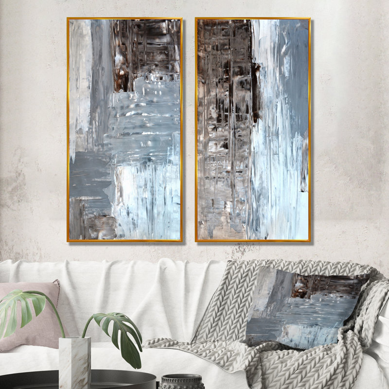Ensemble de 2 peintures sur toiles colorées dans des tons de gris et de brun, H 40 po x l 40 po x P 1 po, Cadre flottant doré