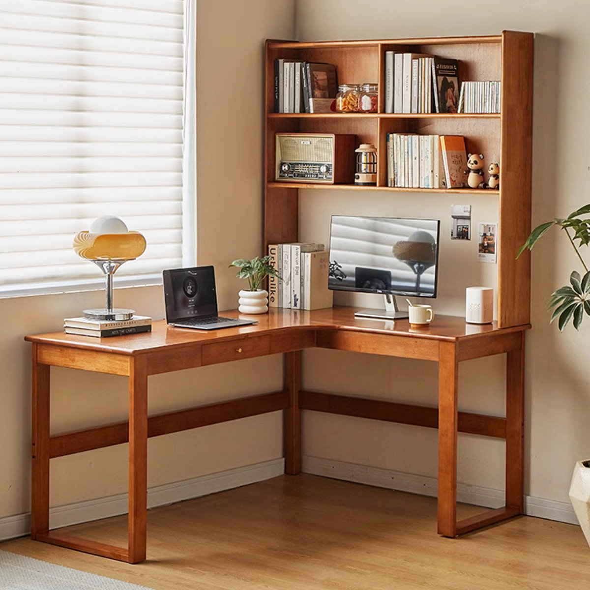 Hokku Designs Solid Wood L-Shaped Desk with Bookshelf Combo | Wayfair