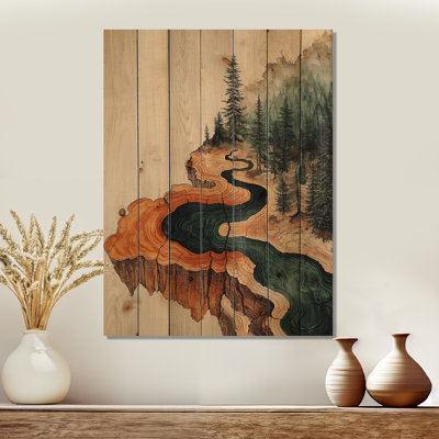 Emerald River Into The Birchwood Forest II - Forest Wood Wall Art - On Natural Pine Wood