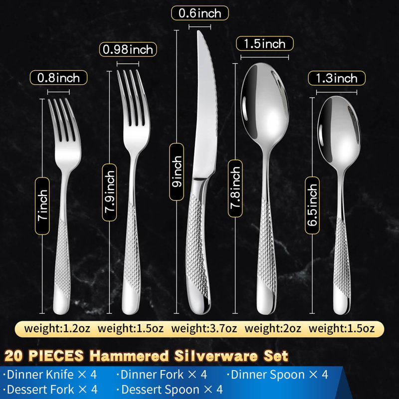 Ensemble de couverts en acier inoxydable martelé 20 pièces avec couteaux dentelés, Argent argent