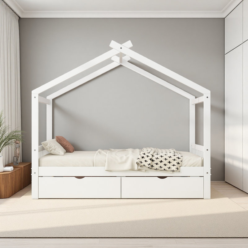 Lit plateforme double pleine grandeur avec deux tiroirs, tête et pied de lit, toit, Blanc