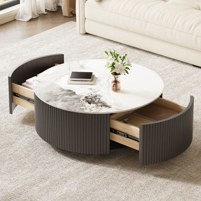 Table basse ronde et mobile avec roulettes et 2 tiroirs, Gris