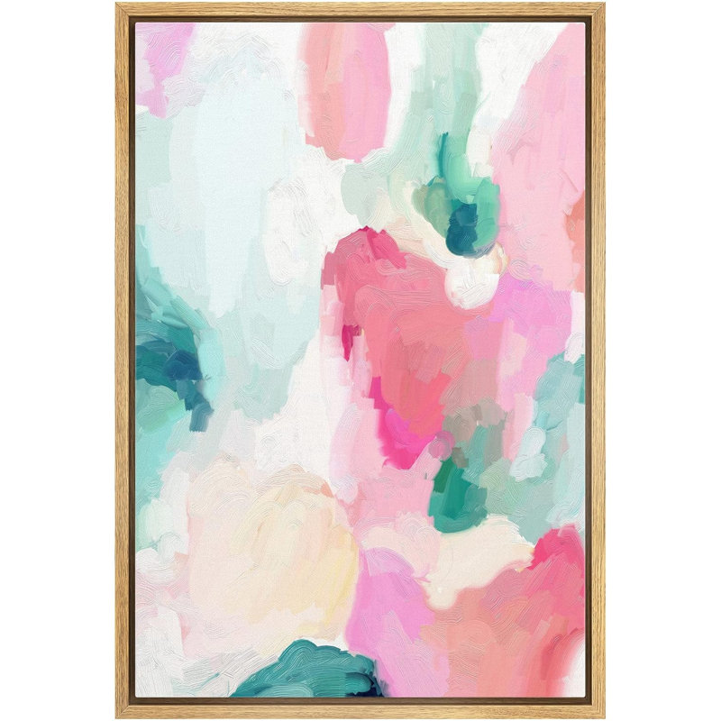 Peinture abstraite rose pastel, vert et jaune, H 24 po x l 16 po x P 1,5 po, Naturel