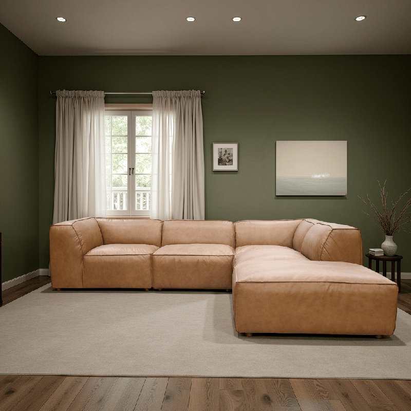 Riehlin 5 - Canapé modulaire en cuir véritable avec repose-pieds, Cuir véritable brun clair, H 26 po x l 112 po x P 102,5 po