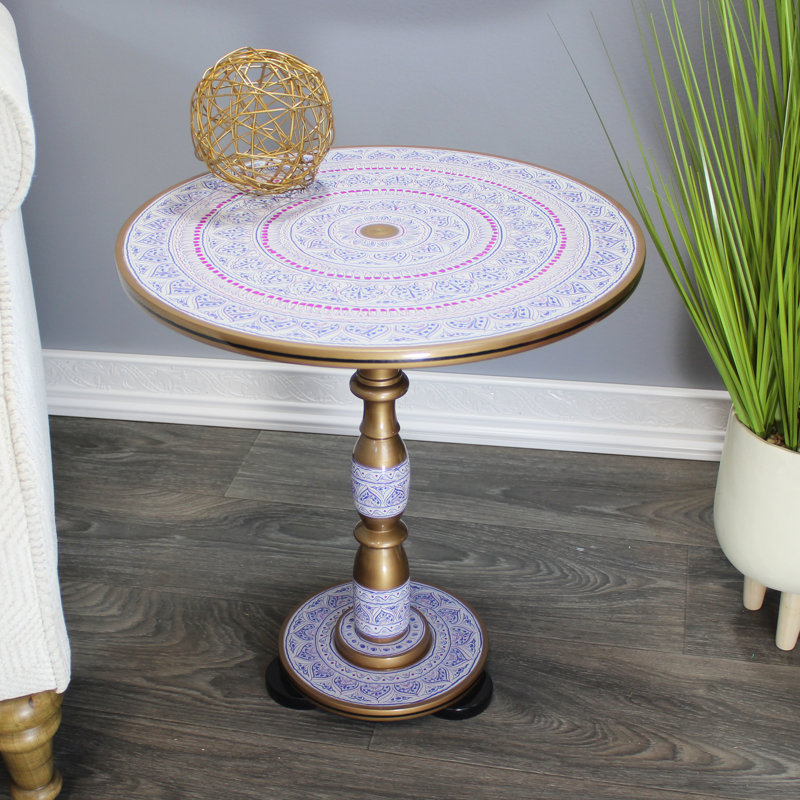 Table d'appoint ronde en bois de rose Donaciano 18 po - Turquoise, Blanc