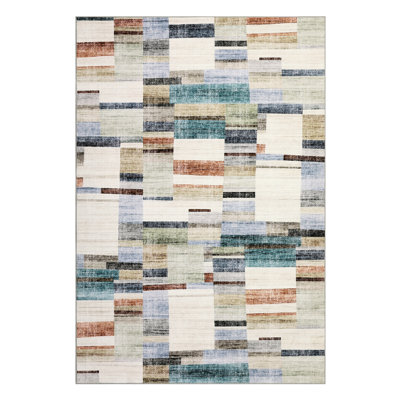 Modern Geometric Machine Washable Rug with Non-Slip Backing Non-Shedding Contemporary Accent Carpet Soft Low Pile Floor Cover for Living Room