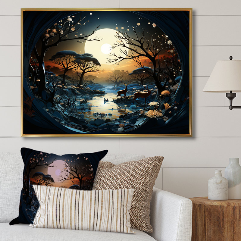 «Dreamy Moonlit Jungle I», art mural abstrait, Cadre flottant doré, H 30 po x l 40 po x P 1,5 po