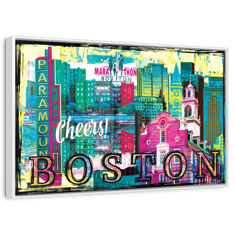 Repères grunge de Boston City, 13 po x 9 po, Cadre flottant blanc
