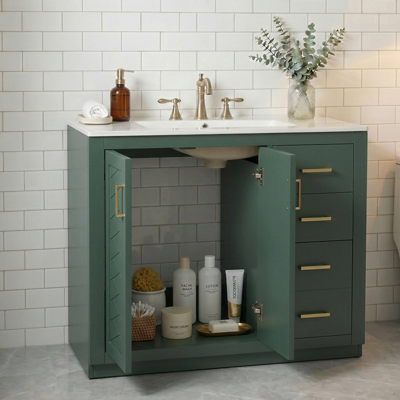 36" Bathroom Vanity With Integrated Sink, 2 Door Cabinet & 3 Storage Drawers, Soft-Close Hardware, Painted Finish, Green