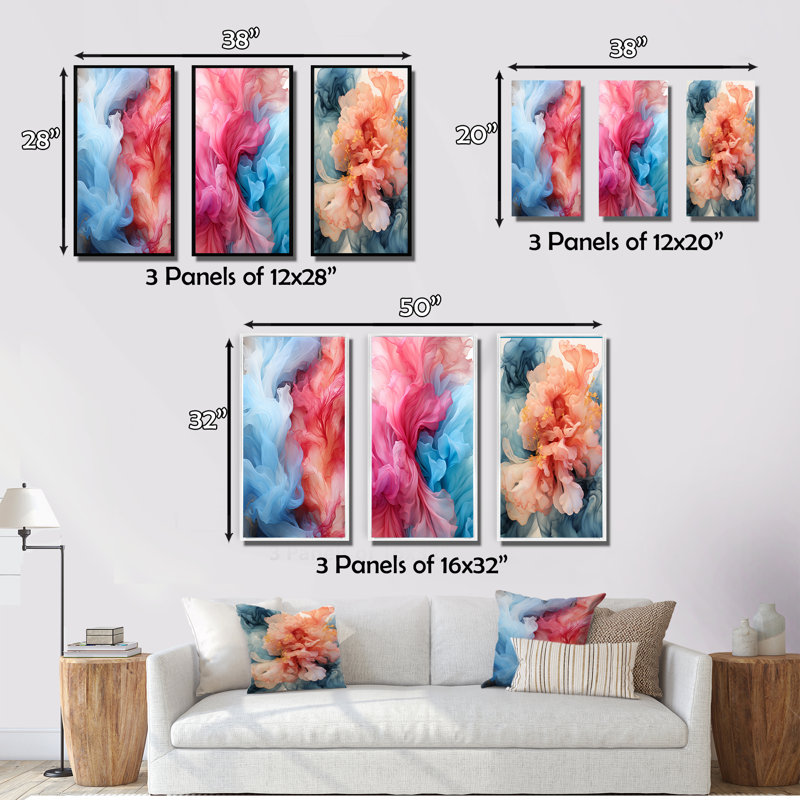Liquid Purity Ink Wave Abstract In Red & Blue - Abstract Liquid Ink Art Set Of 3 Pieces, Cadre flottant blanc