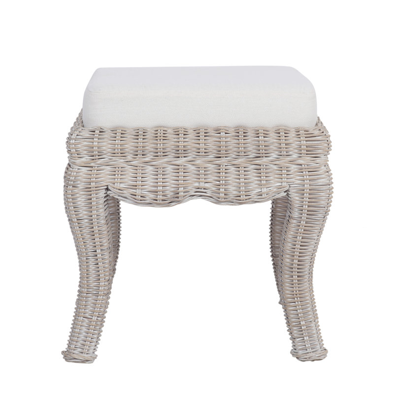 Rowan 18.5" Coastal Woven Rattan Vanity Stool with White Upholstered Cushion, Gray White Wash Mango Wood Backless Makeup Chair for Bedroom & Bath