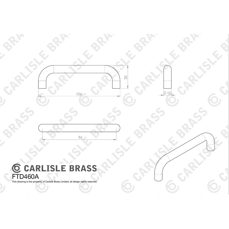 10Mm D Handle 192Mm C/C, 1.06 x 3cm, Polished Chrome