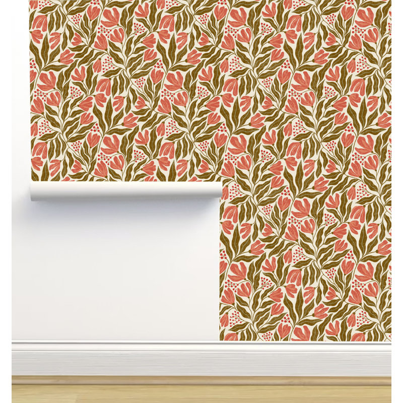 Rouleau de papier peint autocollant L 6 pi x l 24 po Amy Mac Ready Designs, Olive / rose foncé