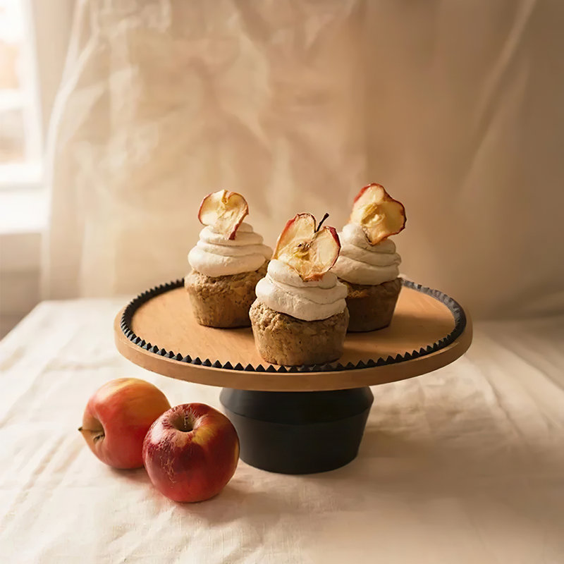 Wooden Pedestal Cake Stand with Metal Base, Round Wood Cake Pedestal for Dessert Serving