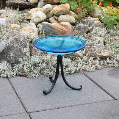 14" Crackle Glass Birdbath with Tripod Stand