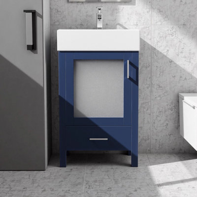 Meuble-lavabo bleu de 20 pouces avec lavabo en céramique et porte à fermeture douce