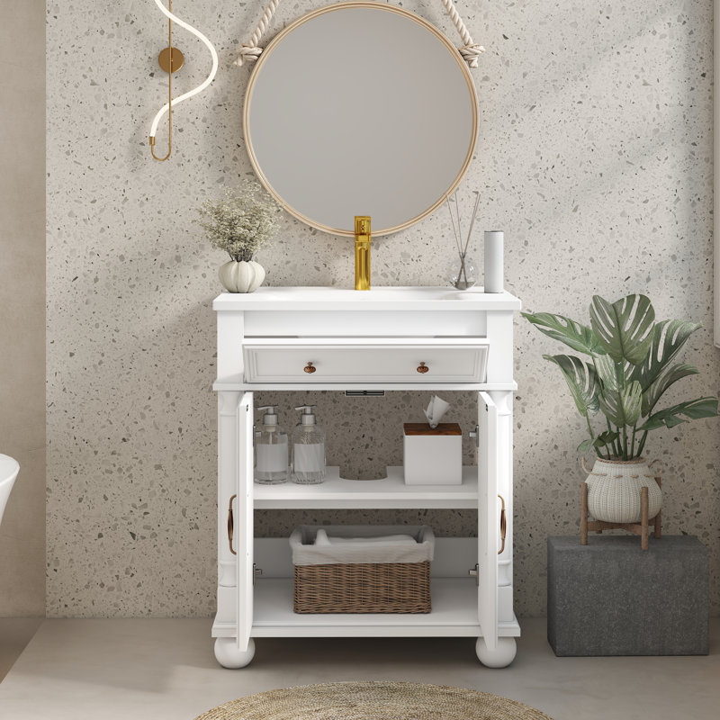 Meuble-lavabo 28 po Mid-Century avec lavabo, structure en bois massif et poignées en métal, Blanc, 28"