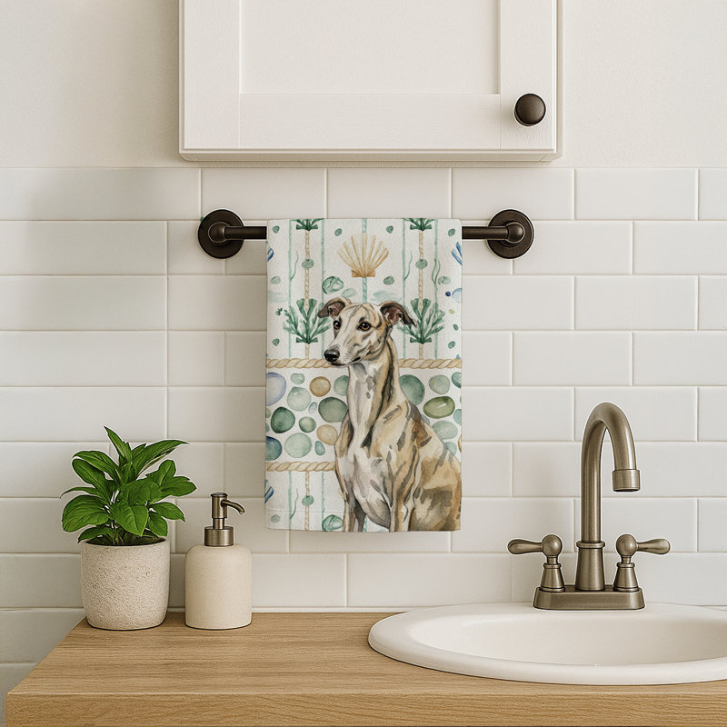 Brindle Whippet Coastal Sea Glass Kitchen Towel, Brindle Whippet