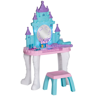 Ensemble de coiffeuse pour enfants avec miroir et tabouret QABA, table de maquillage Castle Design avec lumière, musique, sèche-cheveux, 18 accessoires, jouets pour filles de 3 à 6 ans, multicolore