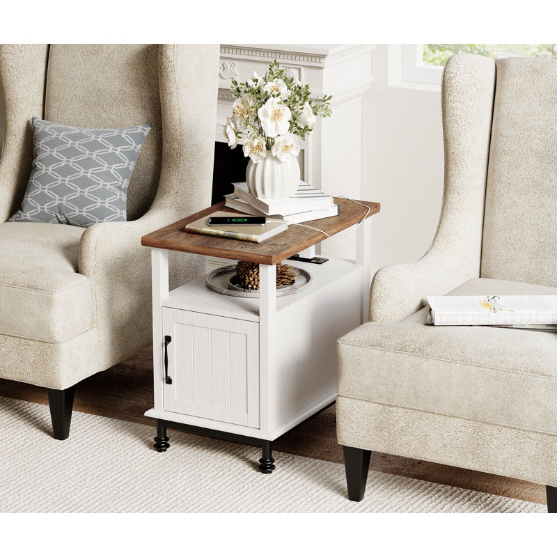 Modern End Tables With Charging Station, Individual, White/Brown