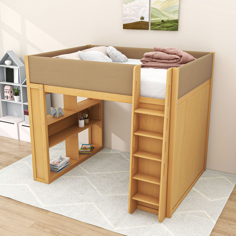 Lit mezzanine en bois à 2 tiroirs avec étagères, armoire intégrée, barrières de sécurité rembourrées et éclairage DEL, Full