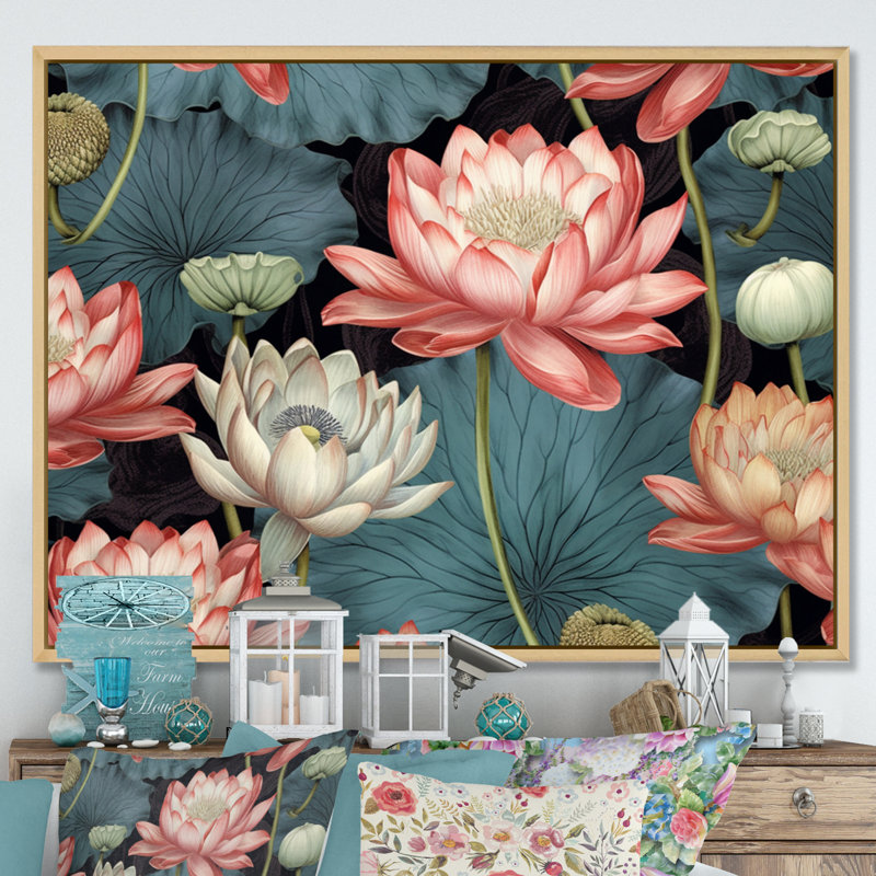 «Red Green Lotus Ponds I», reproduction sur toile, H 16 po x l 32 po x P 1 po, Toile naturelle