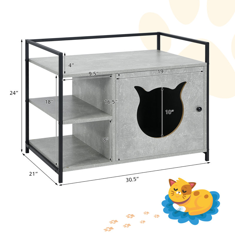 Enceinte de litière pour chat cachée avec tablette de rangement à 2 niveaux, gris