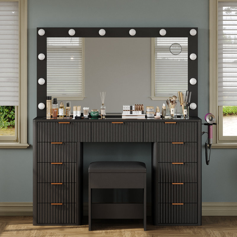 vanity Desk With Power Outlet, Fluted Makeup vanity With Lights Mirror, 3 Lighting Modes Adjustable, 11 Drawers vanity Set, Makeup Table With Glass Top, vanity Table With Chair