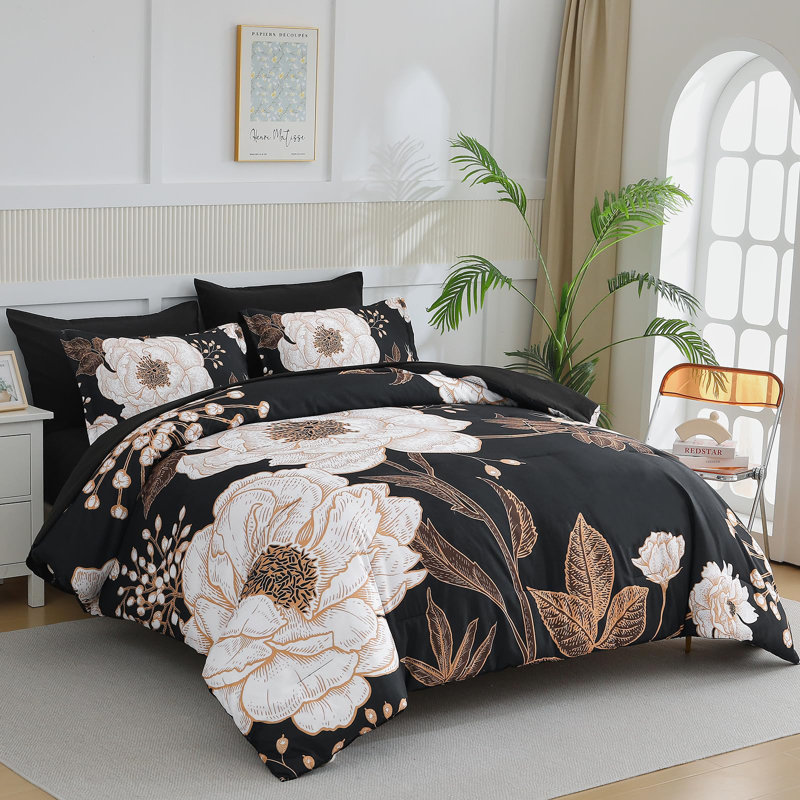 7-Piece Floral Comforter Set - Soft Microfiber Bedding Set for All Seasons, Black White, King Quilt + 6 Additional Pieces