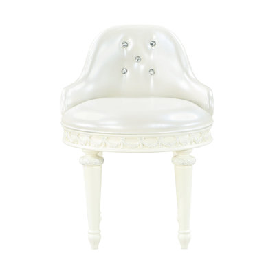 Fauteuil de coiffeuse avec siège pivotant - Pieds décoratifs rembourrés en mousse souple de forme ronde pivotant dans une garniture ornementale et un cadre stable en bois avec coussin en cuir PU blanc perle