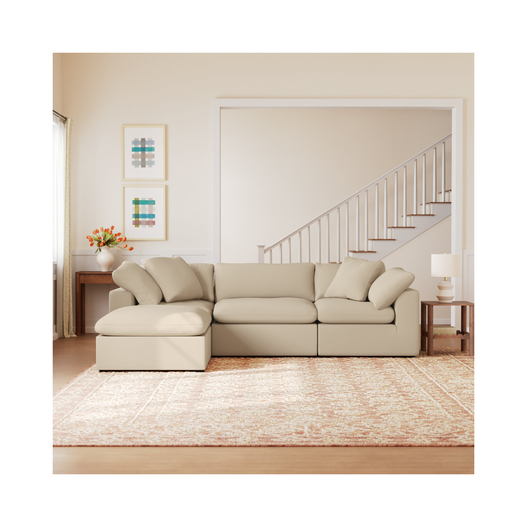 Calana Luxe Modular Sectional, 4 Piece (2 Corner, 1 Armless, 1 Ottoman), Almond Revolution Performance Fabrics
