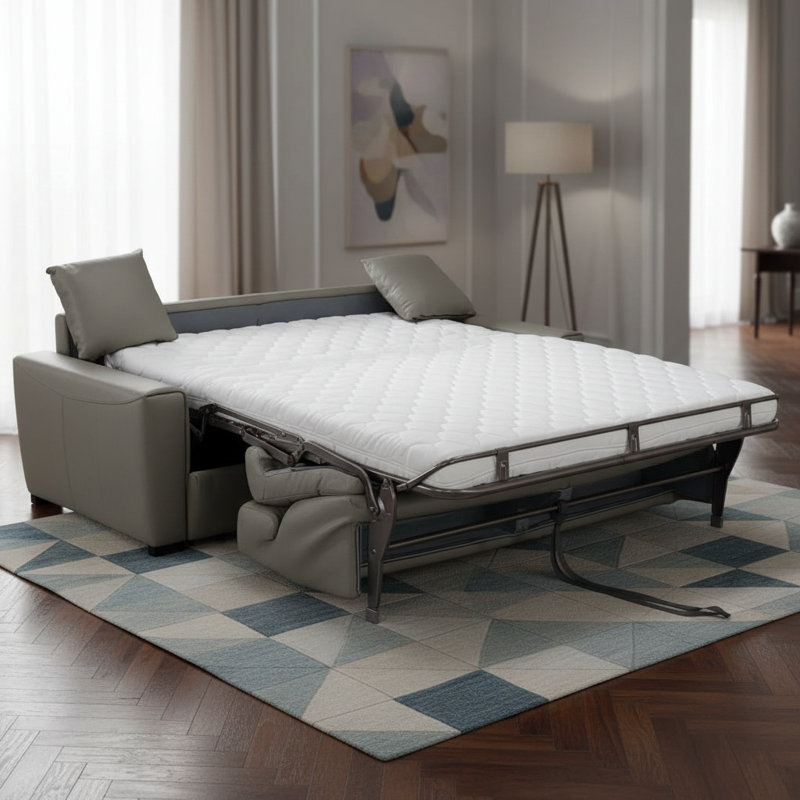 Capozzi 85" Genuine Italian Top Grain Leather Queen Sleeper Sofa Bed with Memory Foam Mattress