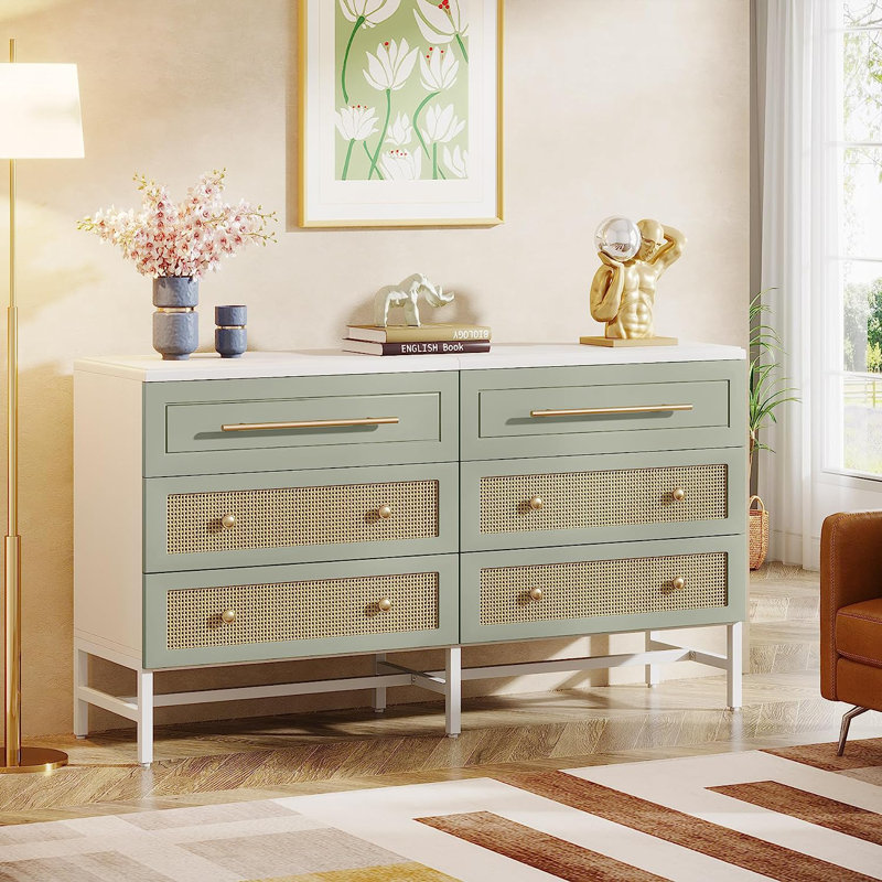 Commode à six tiroirs, Vert / Naturel