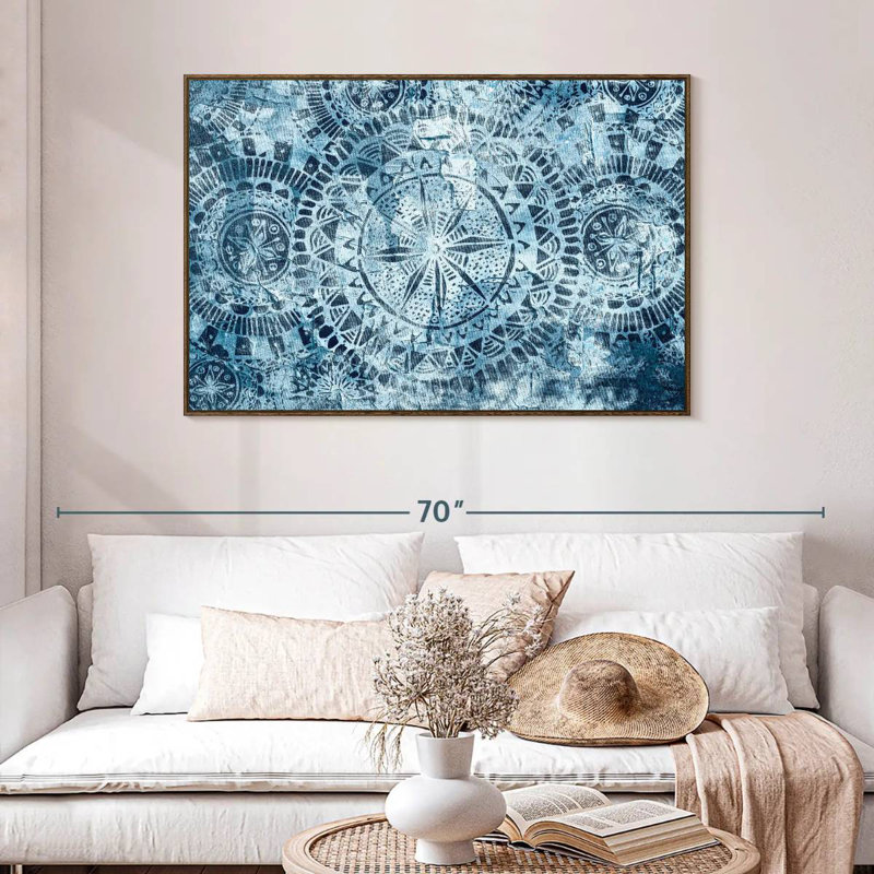 Tribal Blue Mandalas, 46" X 31", Floating Frame Walnut