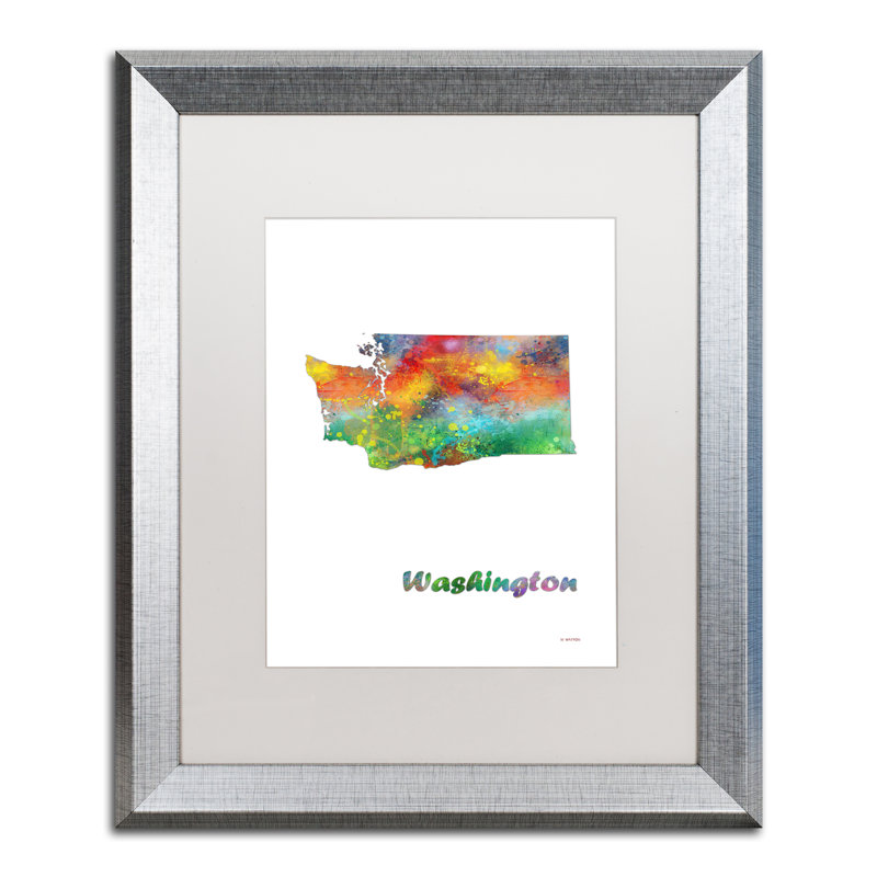 « washington state map-1 », impression encadrée encadrée, H 14 po x l 11 po x P 0,5 po, argent