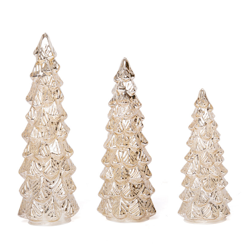 3 arbres de Noël en verre de table éclairés dorés