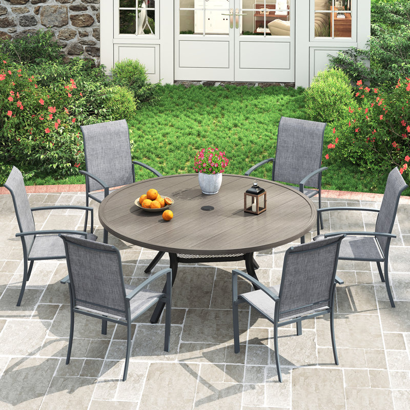 6-Person Round Patio Dining Set With Stackable PVC-Coated Polyester Chairs, Brush Wood Gray/Gray