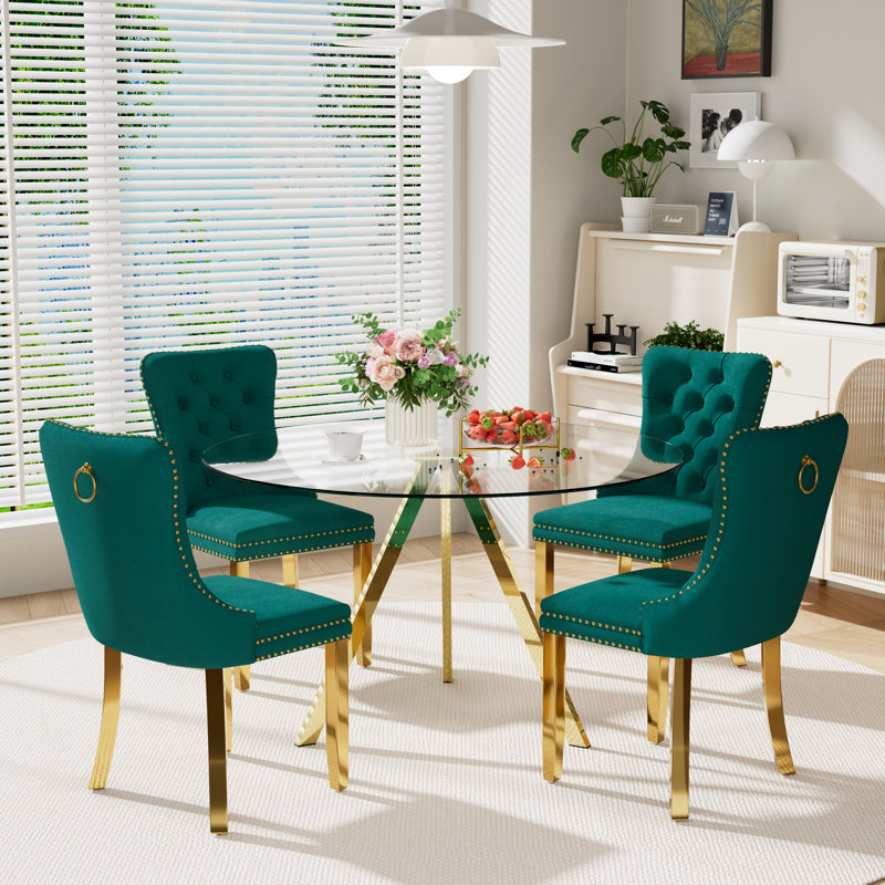 5-Piece Pedestal Gold Dining Set, Green, 30" H x 47" W x 47" D